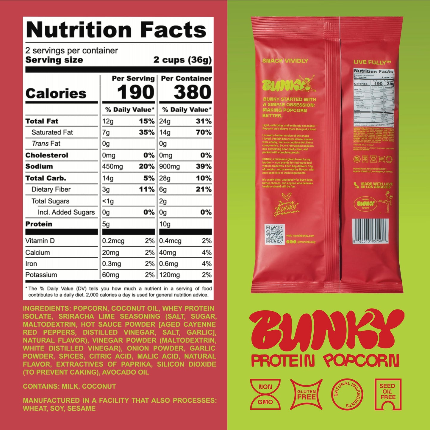 BUNKY Protein Popcorn | Premium High-Protein Air-Popped Snack | Aged White Cheddar & Sriracha Lime | Low Calorie, High Fiber, Guilt-Free Crunch | 10g