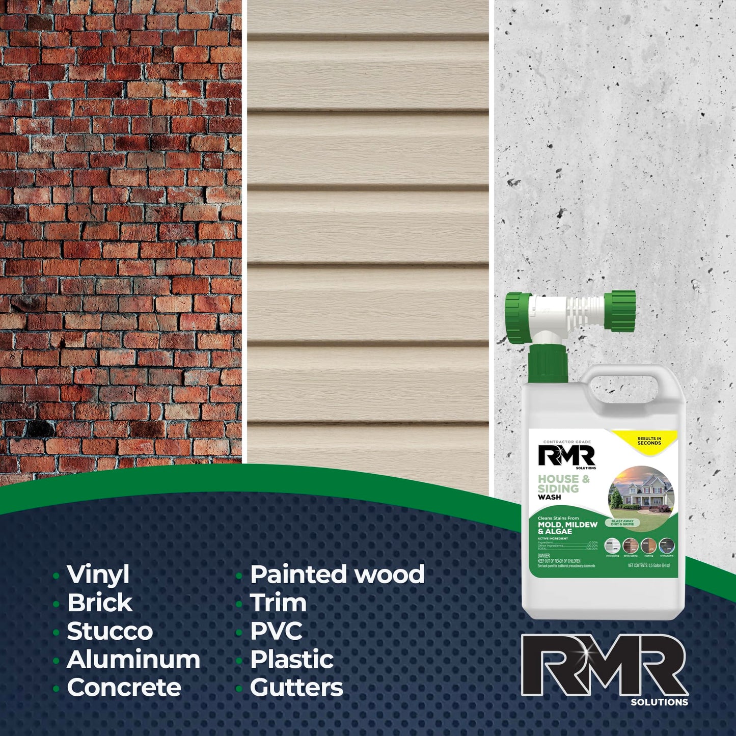 RMR House and Siding Wash - Commercial-Grade Outdoor Stain Remover for Mold, Mildew, and Algae, 64 Ounce Bottle With Hose-End Adapter