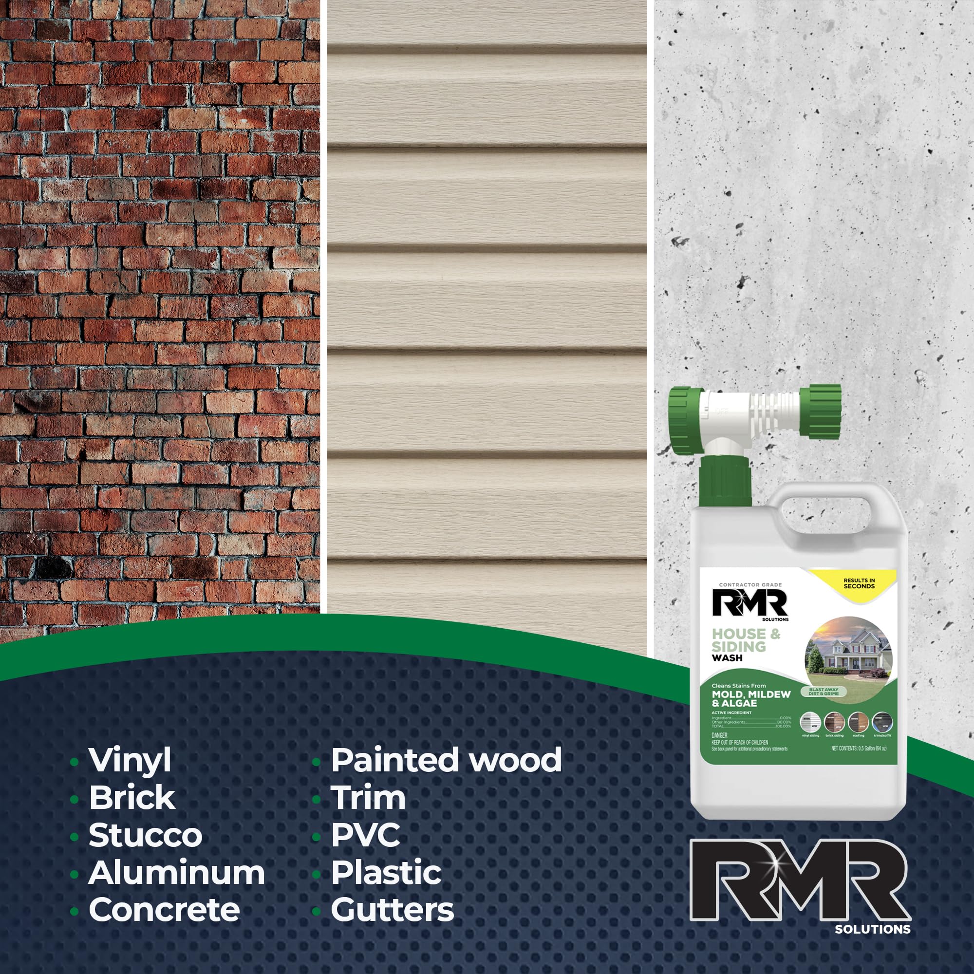 RMR House and Siding Wash - Commercial-Grade Outdoor Stain Remover for Mold, Mildew, and Algae, 64 Ounce Bottle With Hose-End Adapter