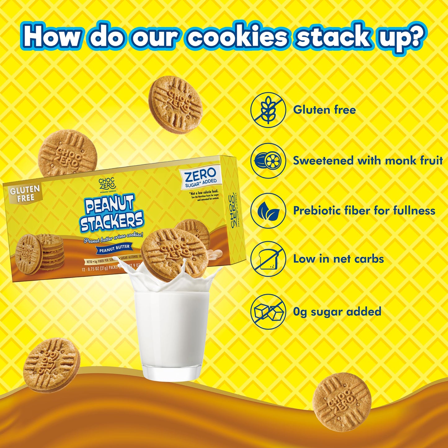 ChocZero Peanut Stackers Sandwich Cookies - Gluten Free, No Added Sugar, Keto Friendly Cookies with Peanut Butter Crème, 24 Cookies, 9 oz Box