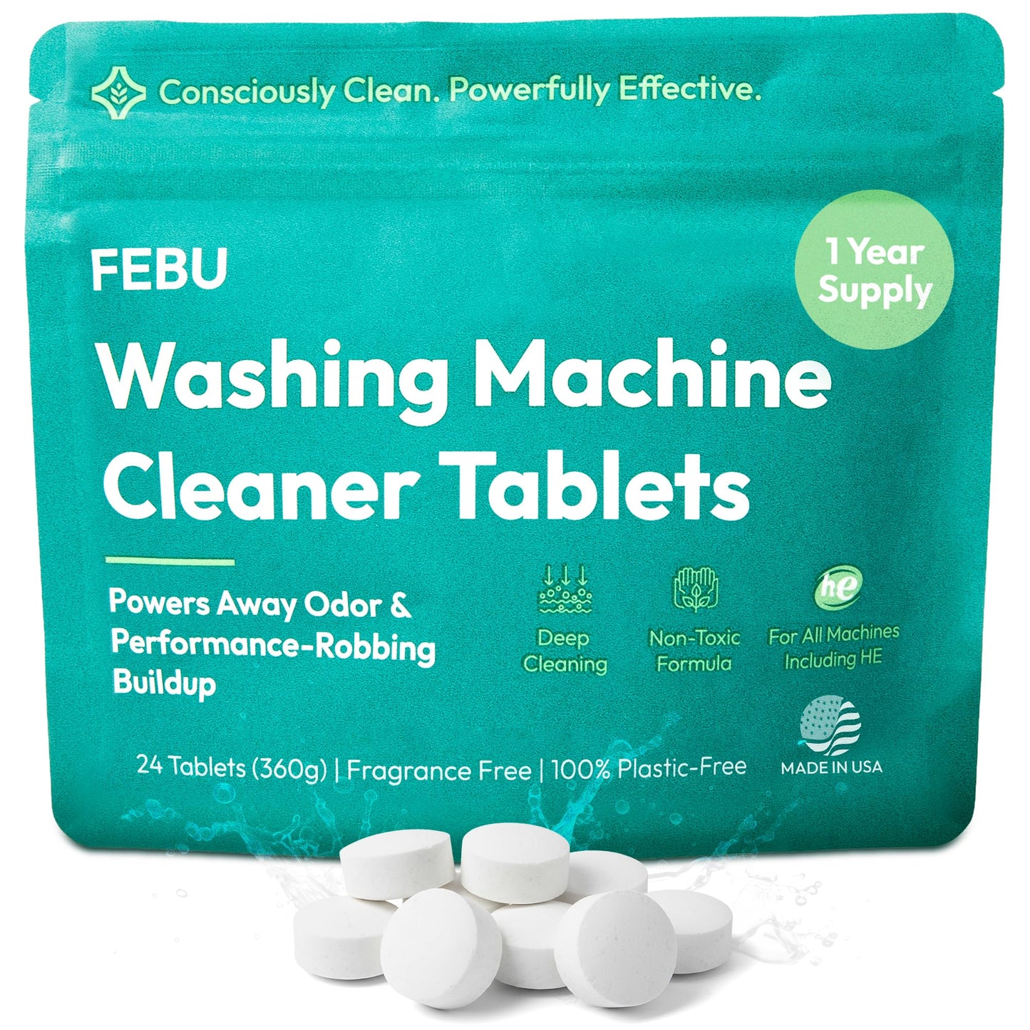 FEBU Washing Machine Cleaner Tablets Made in USA | Washer Machine Cleaner & Deodorizer | Removes Gunk & Grime | 7 Natural, Biodegradable, Plant-Based