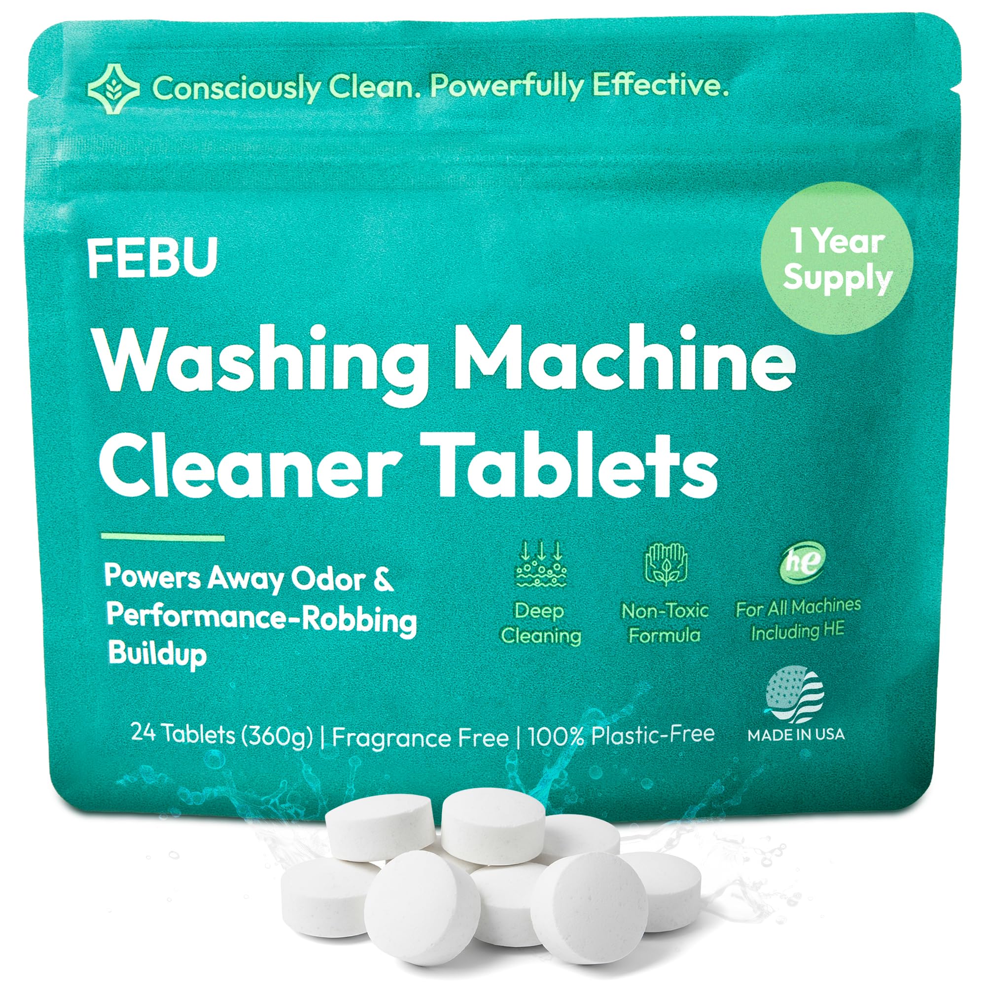 FEBU Washing Machine Cleaner Tablets Made in USA | Washer Machine Cleaner & Deodorizer | Removes Gunk & Grime | 7 Natural, Biodegradable, Plant-Based