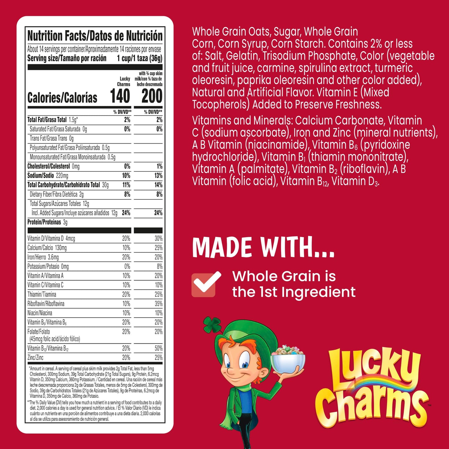 Lucky Charms Gluten Free Cereal with Marshmallows, Kids Breakfast Cereal, Made with Whole Grain, Family Size, 18.6 oz