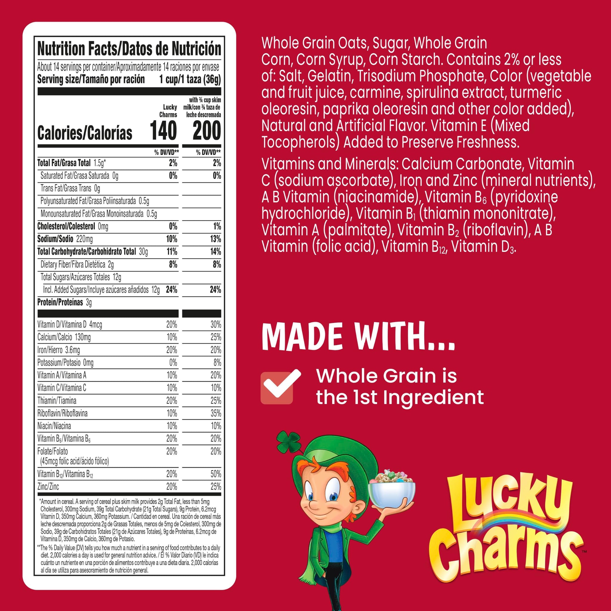 Lucky Charms Gluten Free Cereal with Marshmallows, Kids Breakfast Cereal, Made with Whole Grain, Family Size, 18.6 oz
