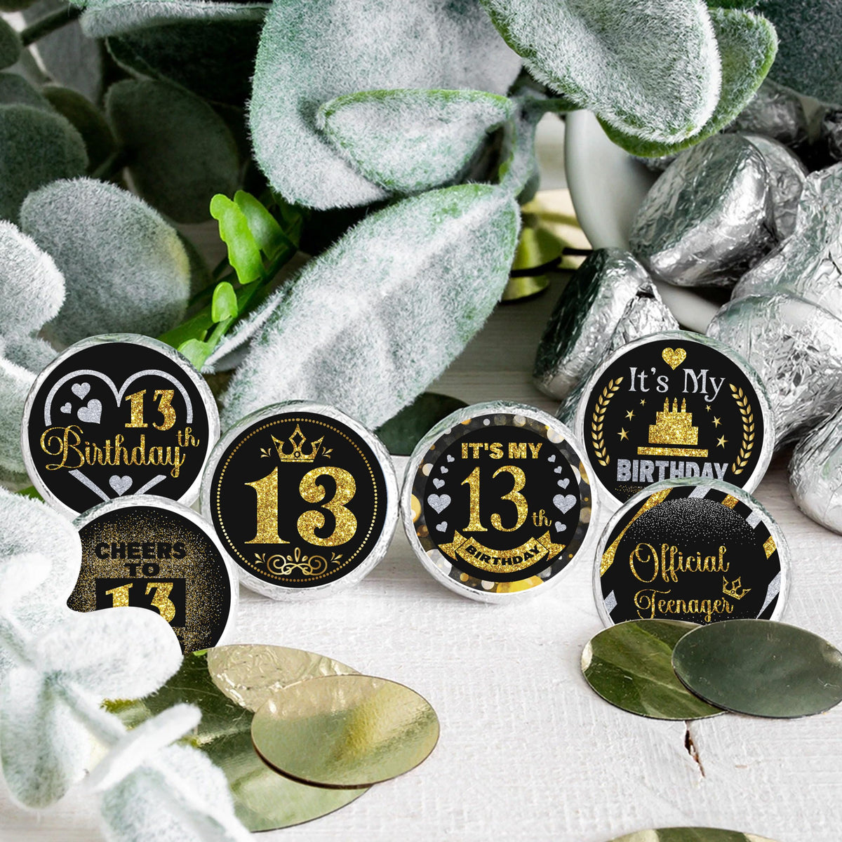 13 Years Old Round Candy Sticker - 13th Birthday Party Decor-Black Gold - Round Candy Sticker Party Favors - Labels Fit Chocolate Candy.5 Sheet of 150