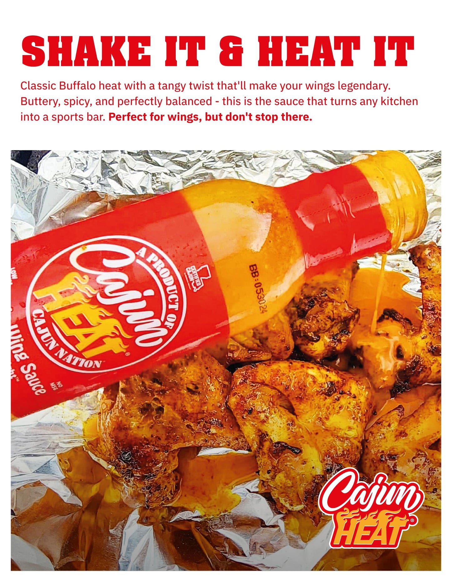 Cajun Nation CAJUN HEAT Buffalo Wing Sauce 12oz - Spicy Flavor for Buffalo Wings, Chicken Dip, and Wild Wings with No MSG - Authentic Louisiana Style