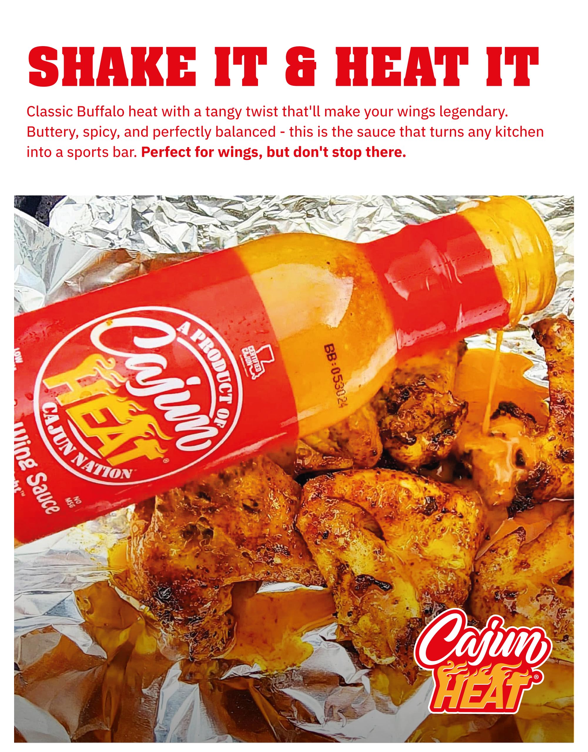 Cajun Nation CAJUN HEAT Buffalo Wing Sauce 12oz - Spicy Flavor for Buffalo Wings, Chicken Dip, and Wild Wings with No MSG - Authentic Louisiana Style