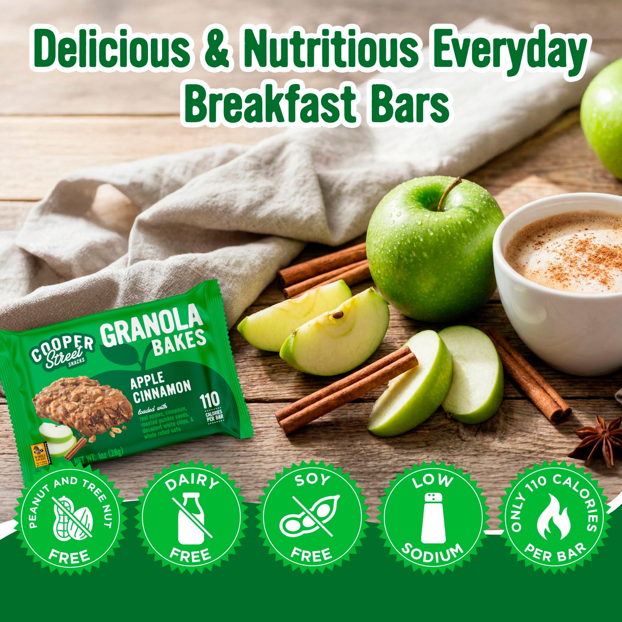 Cooper Street Granola Bakes Apple Cinnamon - Soft Baked Chewy Breakfast Granola Cookie Bars - Nut & Dairy Free School Safe Grain & Seeds Bars - 110