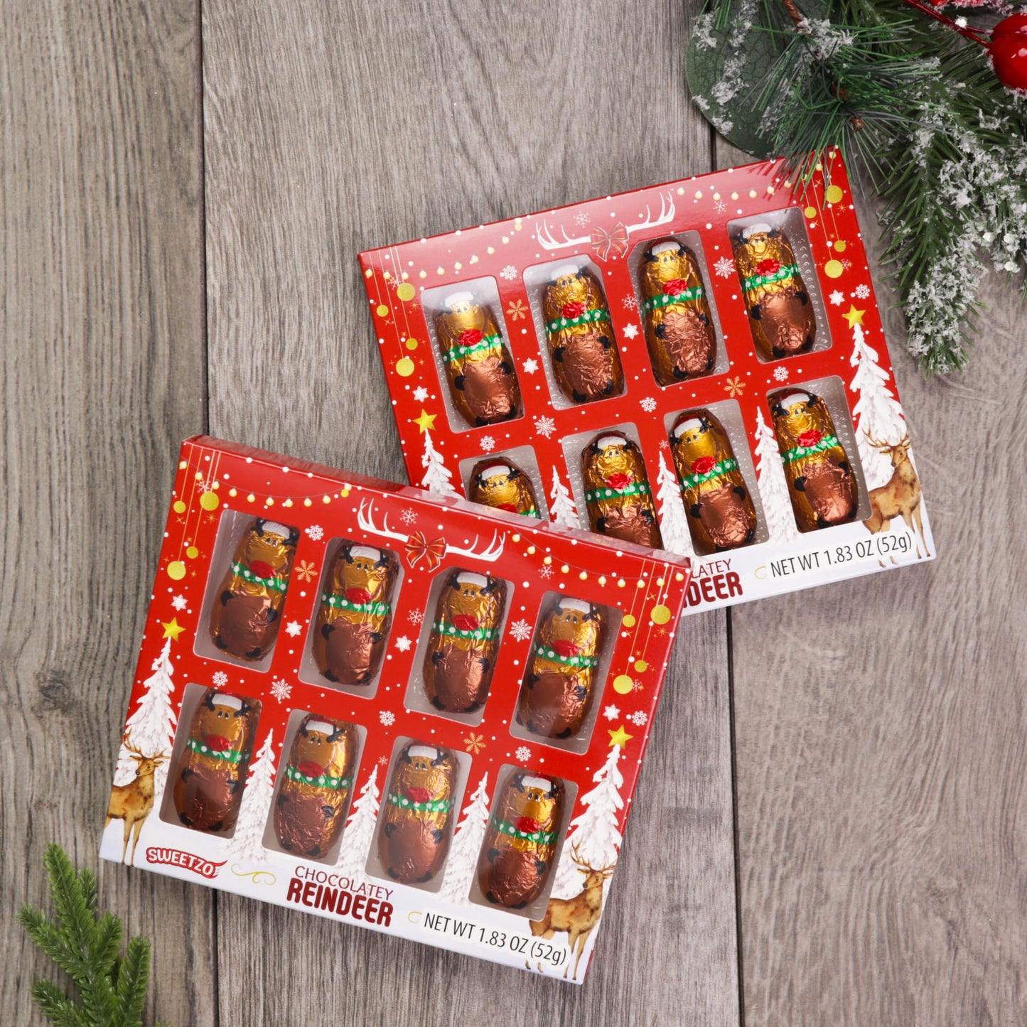 Mini Chocolatey Christmas Trees and Reindeers, Individually Wrapped Candy Gift Boxes, Perfect Stocking Stuffer Treats, 8 Pieces Inside Each (Set of 2)