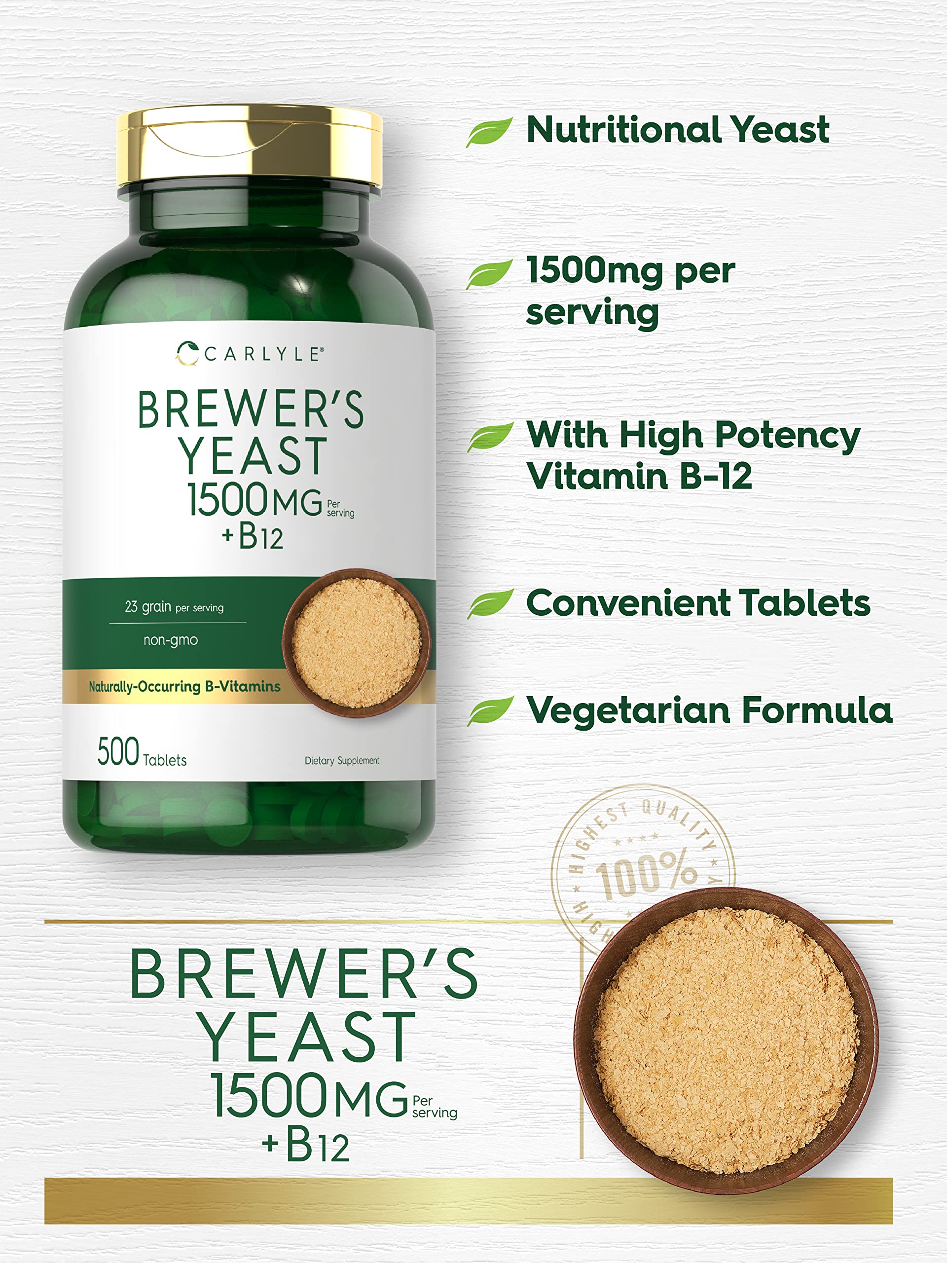 Carlyle Brewers Yeast Tablets with Vitamin B12 | 1500mg | 500 Count | Non-GMO & Vegetarian Supplement