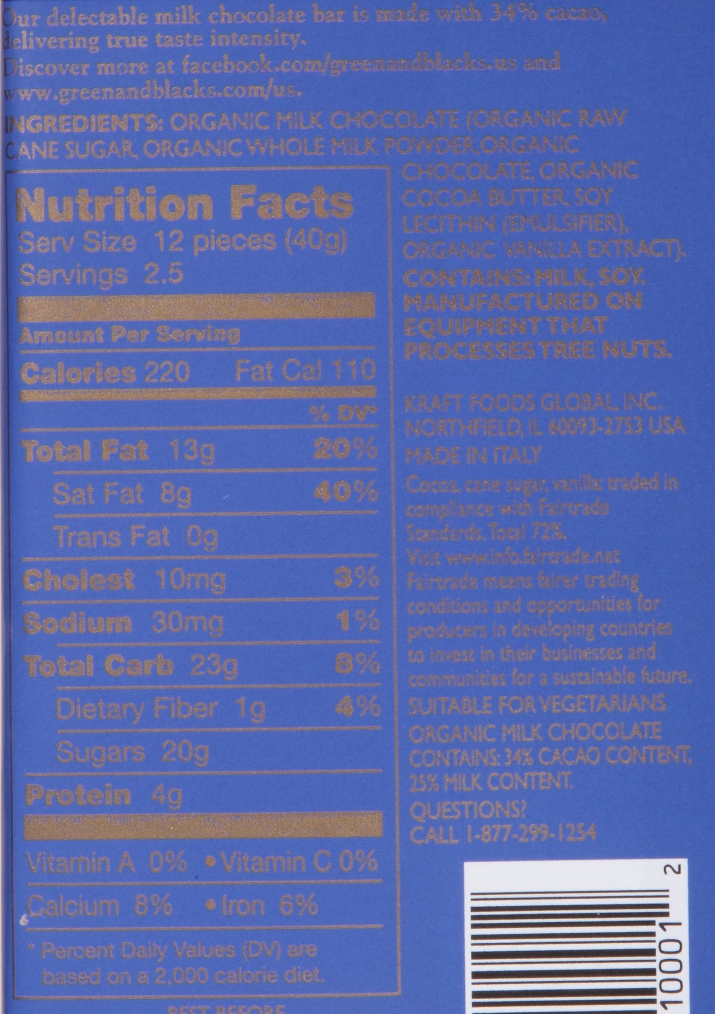 Green & Black's Organic Milk Chocolate, 34% Cacao, 3.5 Ounce Bars,10 count