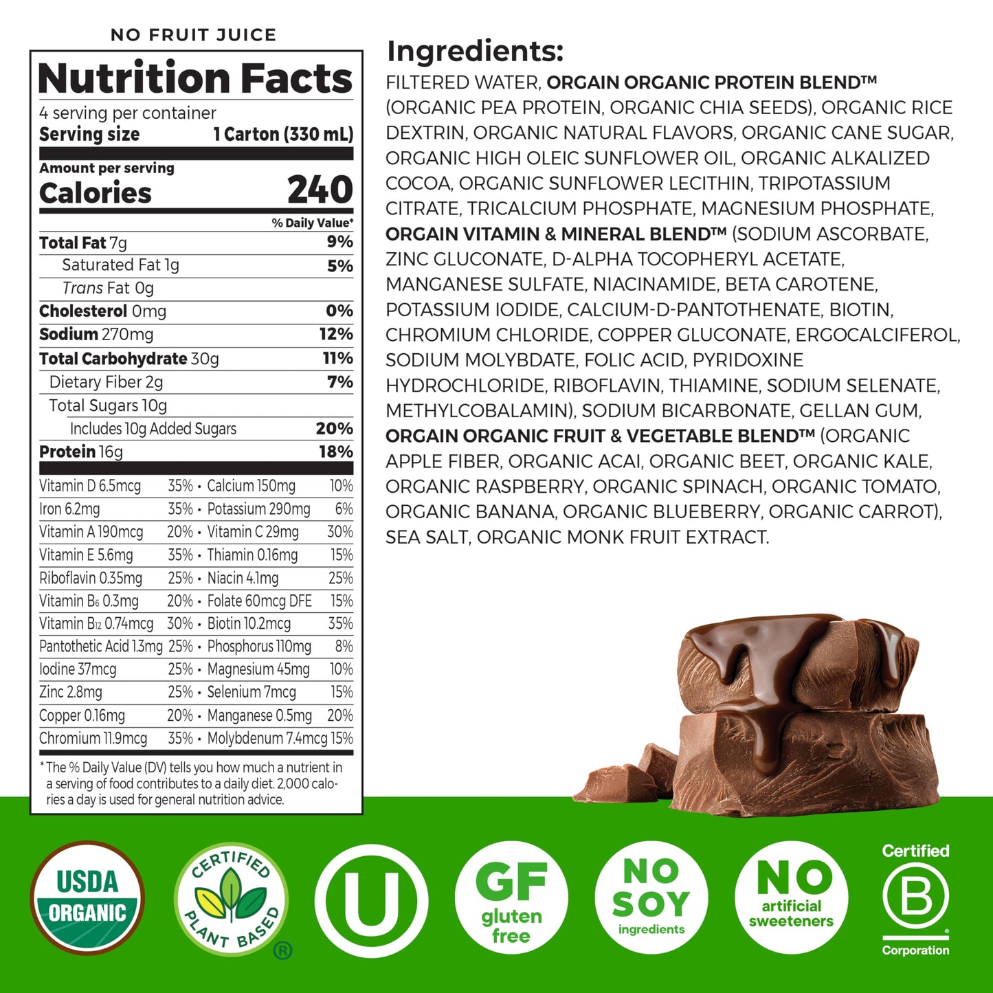 Orgain Organic Nutritional Vegan Protein Shake, Smooth Chocolate - 16g Plant Based Protein, Meal Replacement, 22 Vitamins & Minerals, Fruits