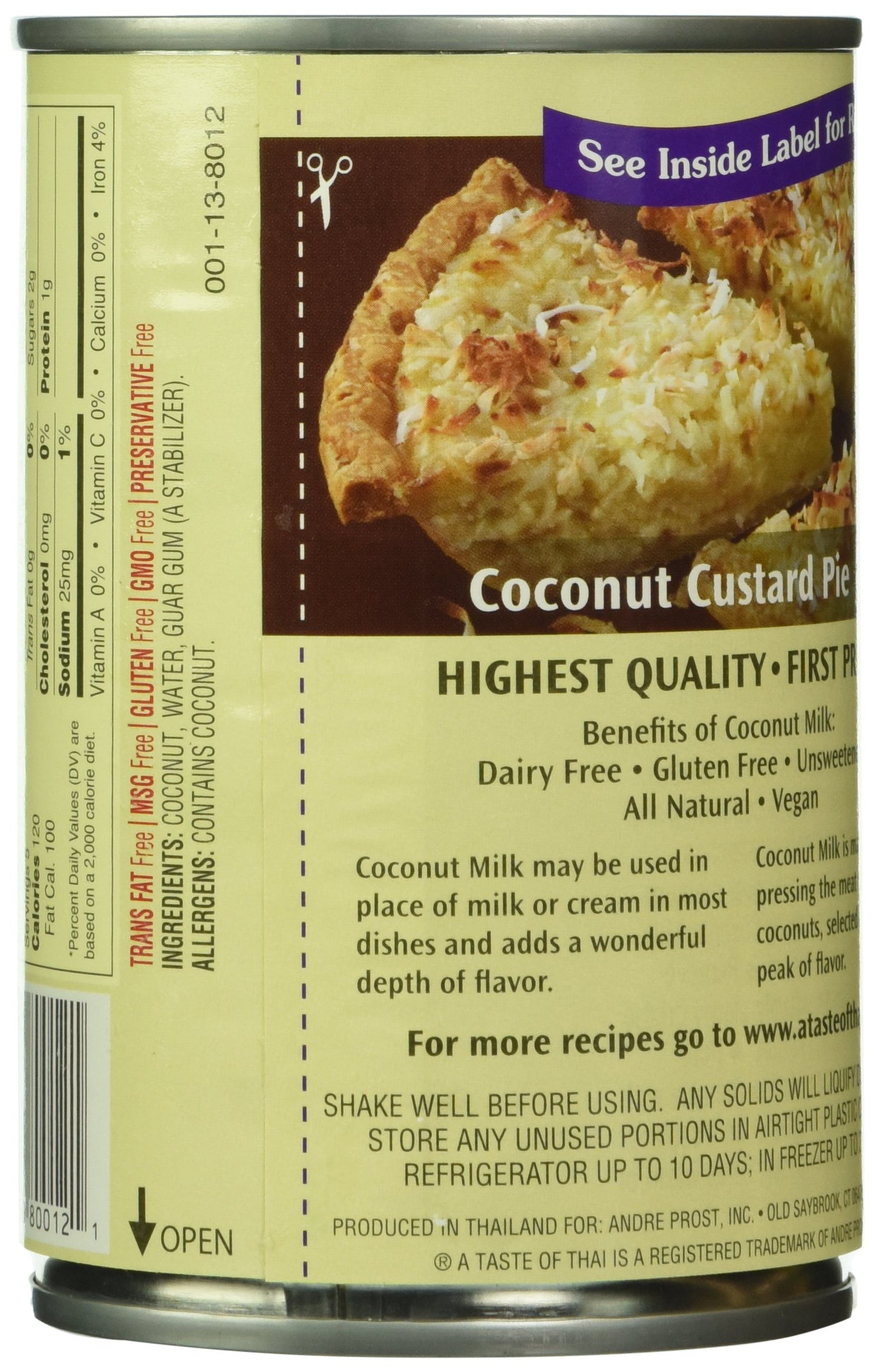 A Taste of Thai Coconut Milk Unsweetened | Canned, Ready to Use Creamy Coconut Cream | Non-GMO & Free of Gluten, Dairy, Trans Fat and Preservatives