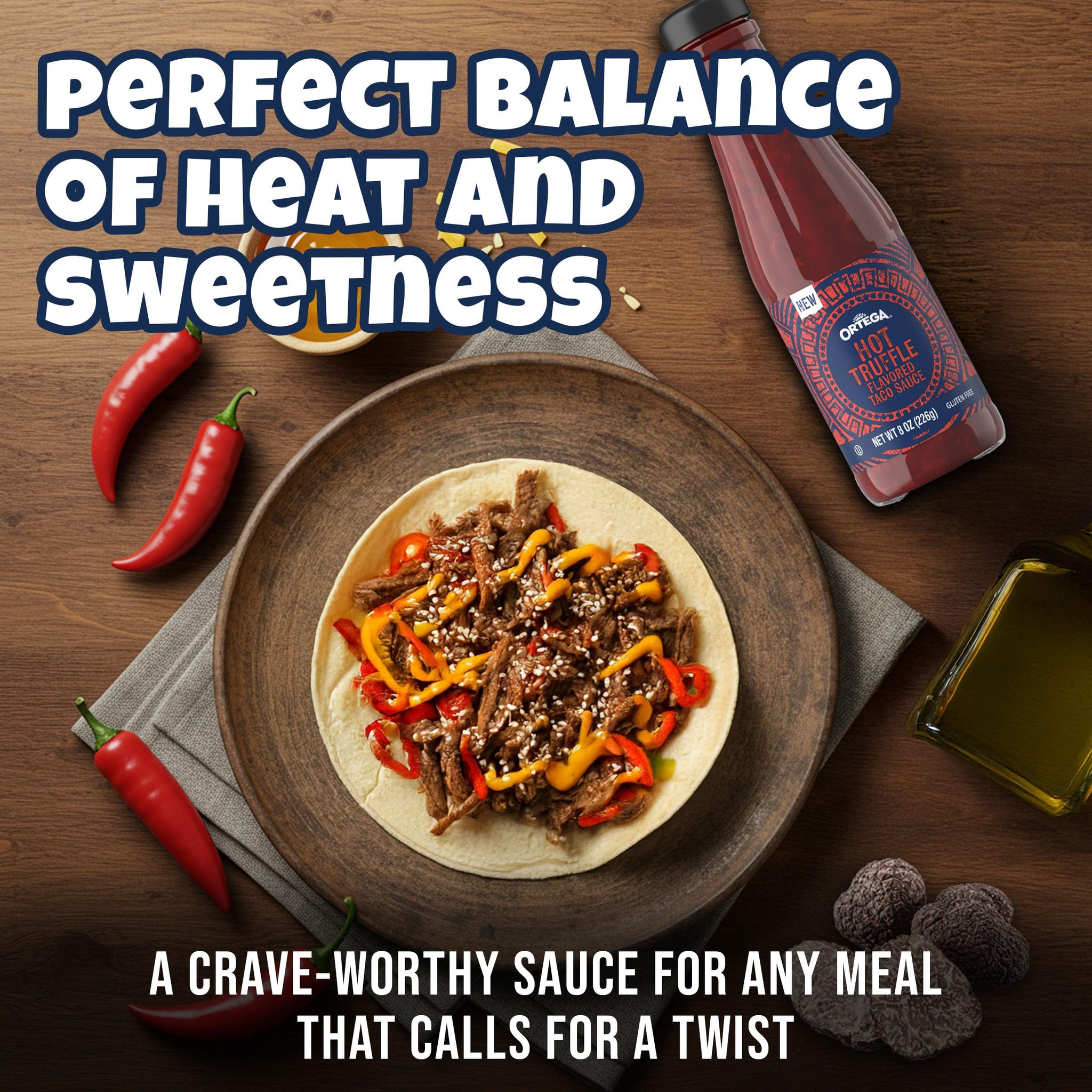 Ortega Hot Truffle Taco Sauce, Sweet and Spicy Sauce and Marinade, 8 Ounce