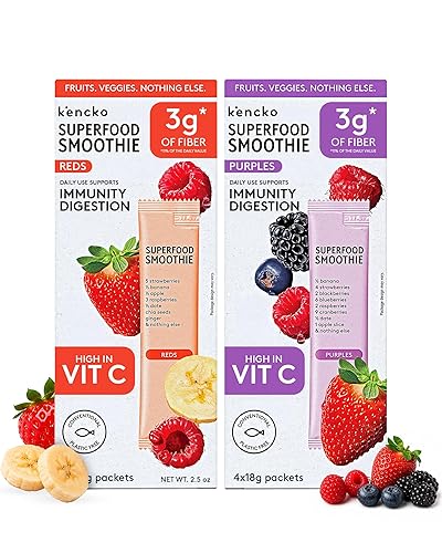 kencko Instant Smoothie Powder Mix Variety Packets, 8 Pack - Reds & Purples - Healthy Freeze-Dried Fruit & Veggie Superfood Powdered Drink Mix