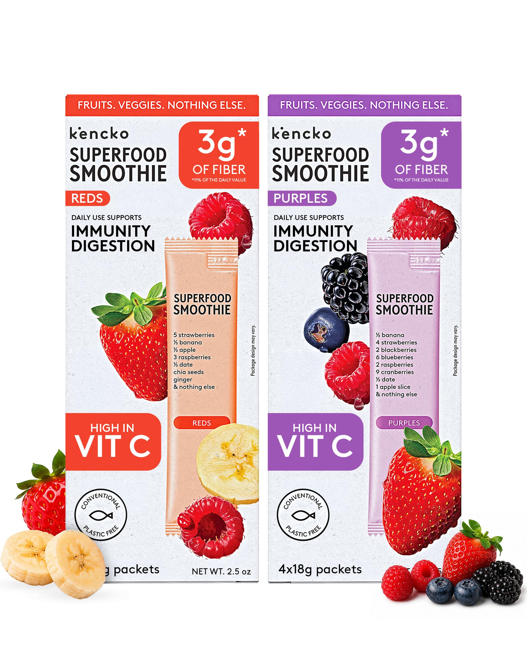 kencko Instant Smoothie Powder Mix Variety Packets, 8 Pack - Reds & Purples - Healthy Freeze-Dried Fruit & Veggie Superfood Powdered Drink Mix