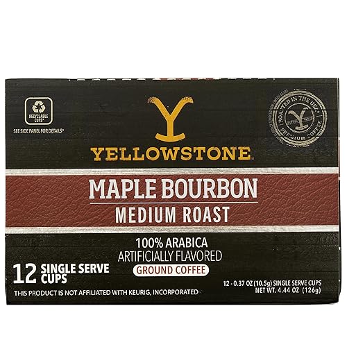 Yellowstone Maple Bourbon Medium Roast Coffee, Single Serve Recyclable Pods/Cups, 100% Arabica Beans, 12 Count