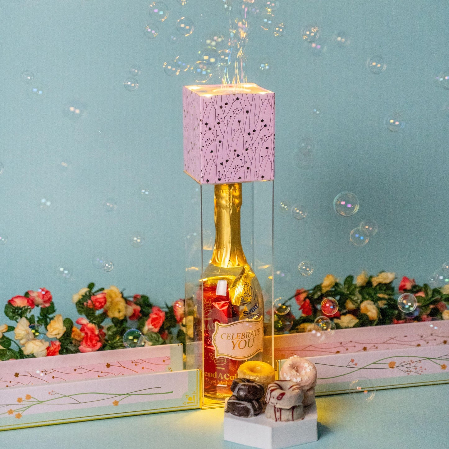 Floral Bubble Surprise Gift Box by Send A Cake- Ready to Gift, No Assembly Required with 8 Mini Cake Donuts - Gift for Women, Men, Sister, Mom, Dad