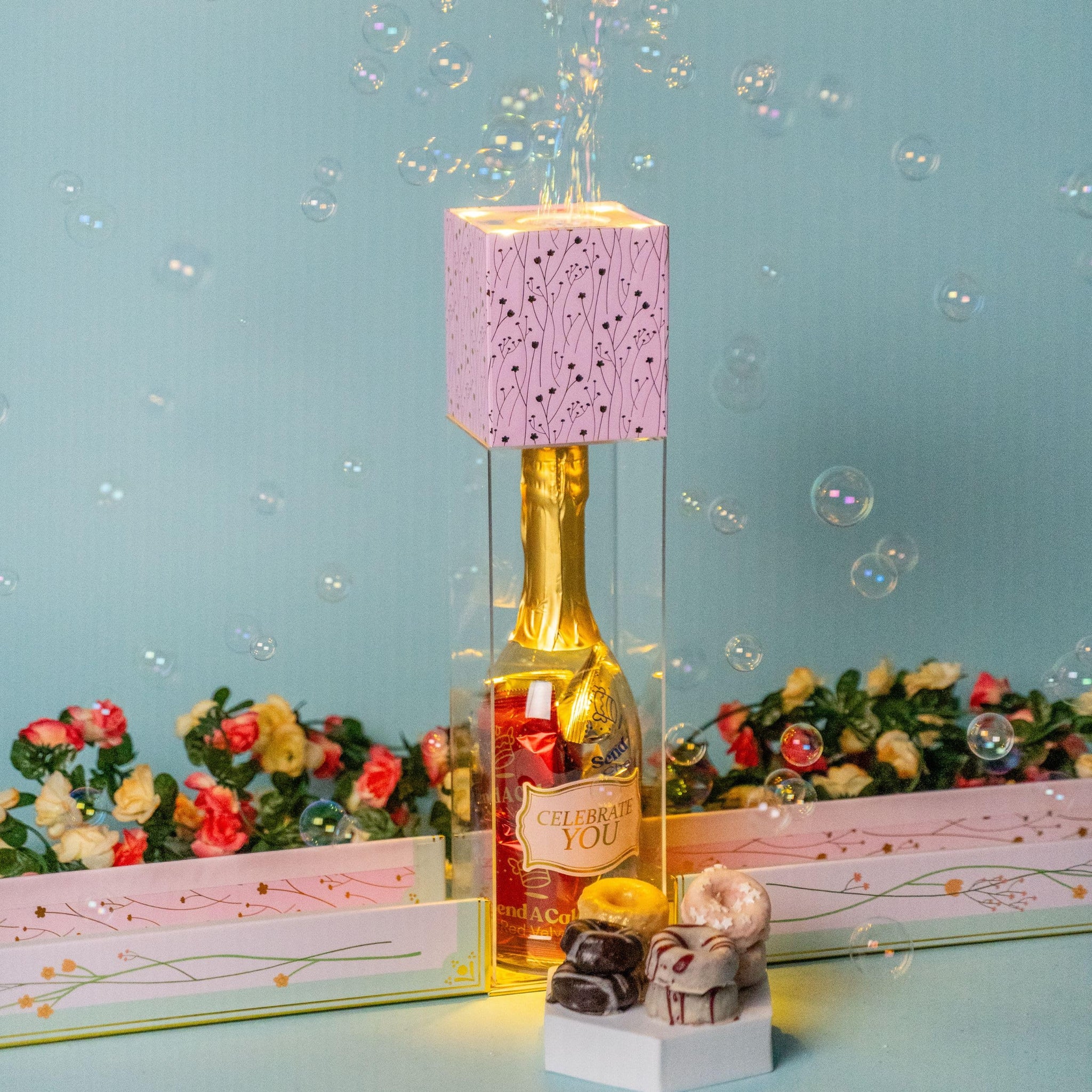 Floral Bubble Surprise Gift Box by Send A Cake- Ready to Gift, No Assembly Required with 8 Mini Cake Donuts - Gift for Women, Men, Sister, Mom, Dad