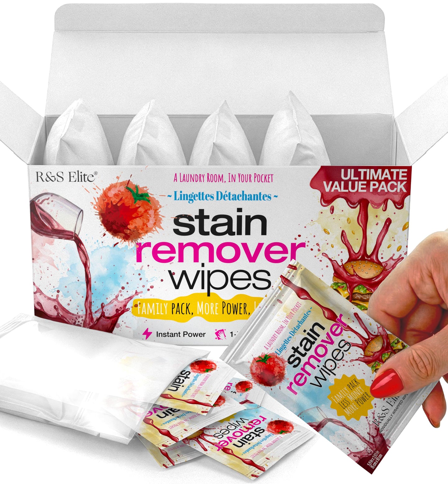 Stain Remover Wipes - 50 PCS Individually Wrapped - Instant Stain Remover for Clothes, Fabric & Jackets - Portable No-Rinse Cleaner for Travel, Purse