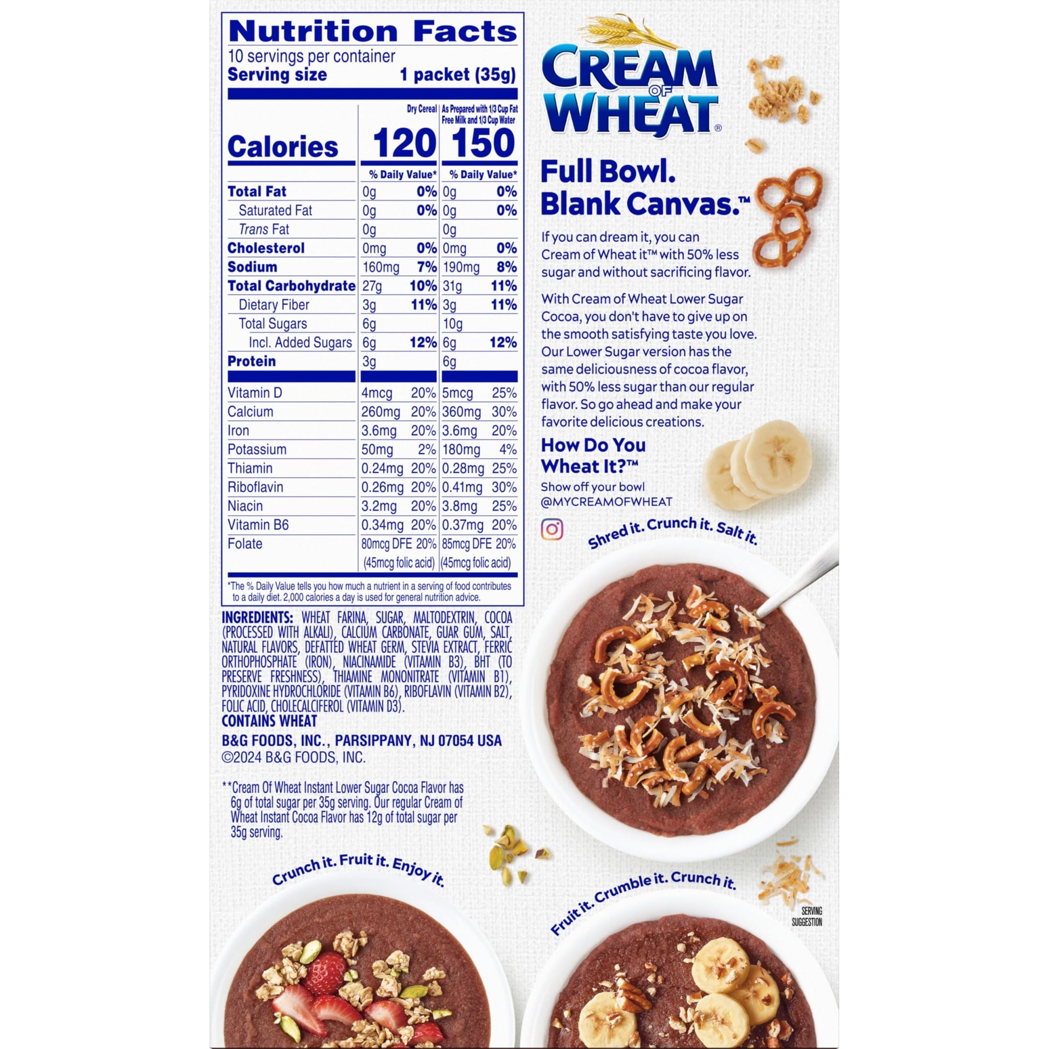 Cream of Wheat Instant Lower Sugar Hot Cereal, Cocoa, 10 Packets