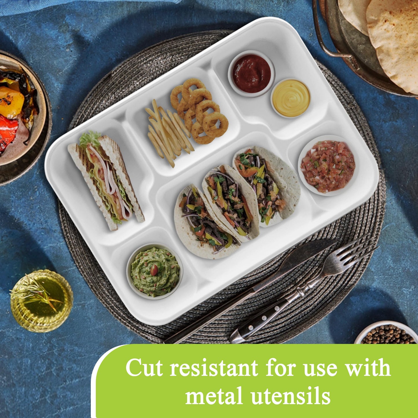 three leaf 6 Compartment Bagasse Tray 50 Ct. Heavy Duty, Super Strong,Eco Friendly Disposable Bagasse Plates,100% Biodegradable Plates, Microwave
