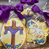 Easter Cross He Is Risen Cookies- 6 Decorated Crunchy Shortbread Cookies Individually Wrapped With Bow by BakersDozenToGo