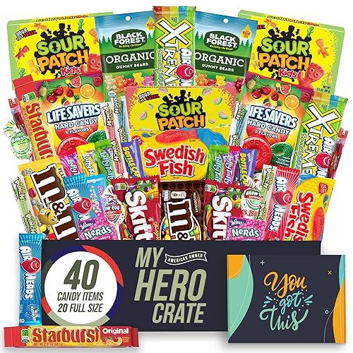 Military Encouragement - Candy Snack Box (40 Full Size Variety Gift Basket Care Package) M&Ms, Starburst, Swedish Fish, Skittles, Chocolate, Gummy