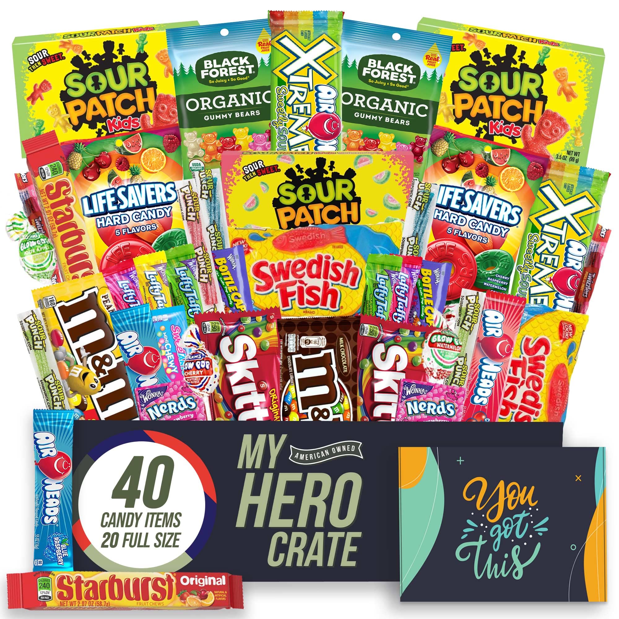 Military Encouragement - Candy Snack Box (40 Full Size Variety Gift Basket Care Package) M&Ms, Starburst, Swedish Fish, Skittles, Chocolate, Gummy