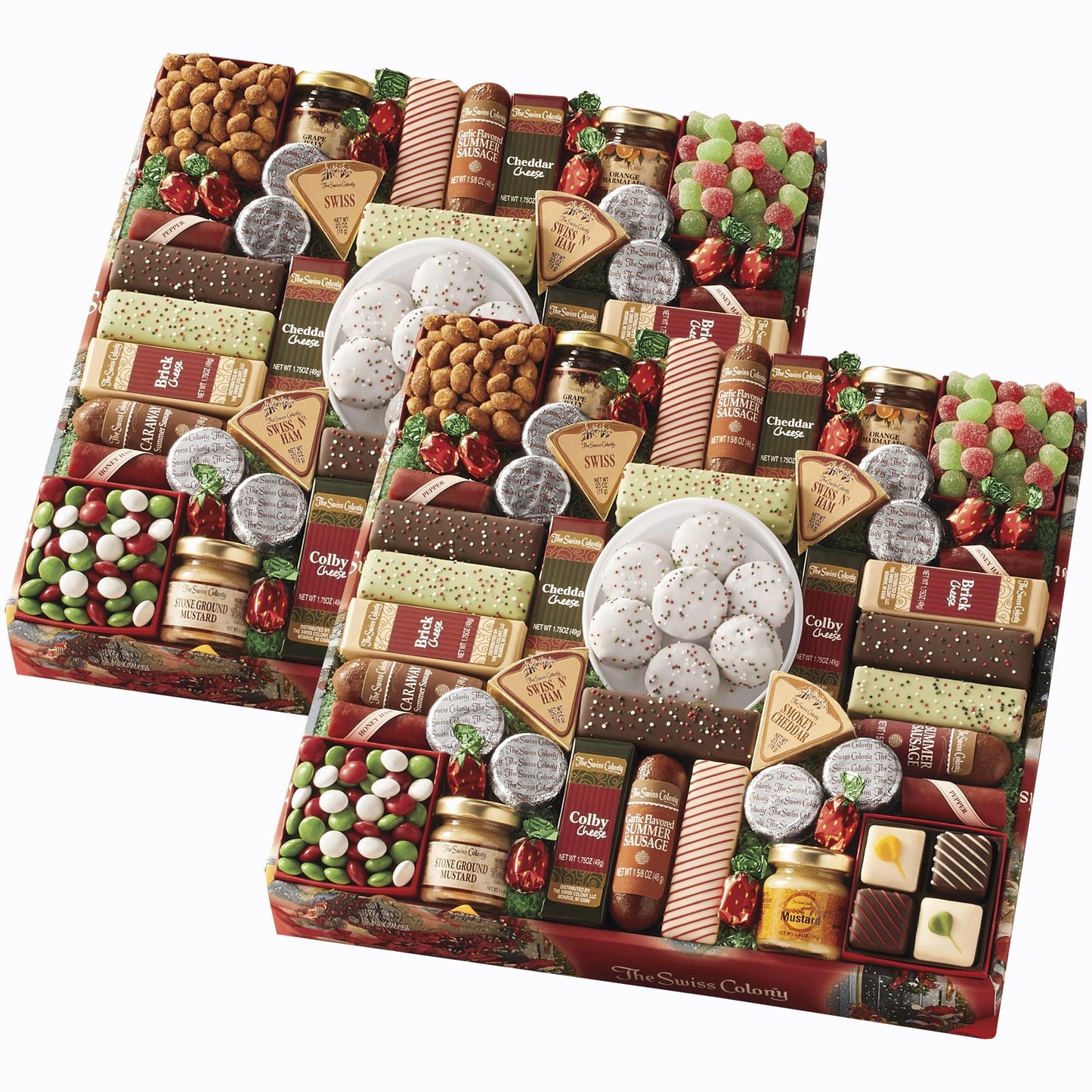 2 Holiday Gift Boxes - The Swiss Colony 43 Season Pleasers - Assorted Summer Sausage Meats, Mini Meat Sticks, Cheese Bricks and Wedges, Candies