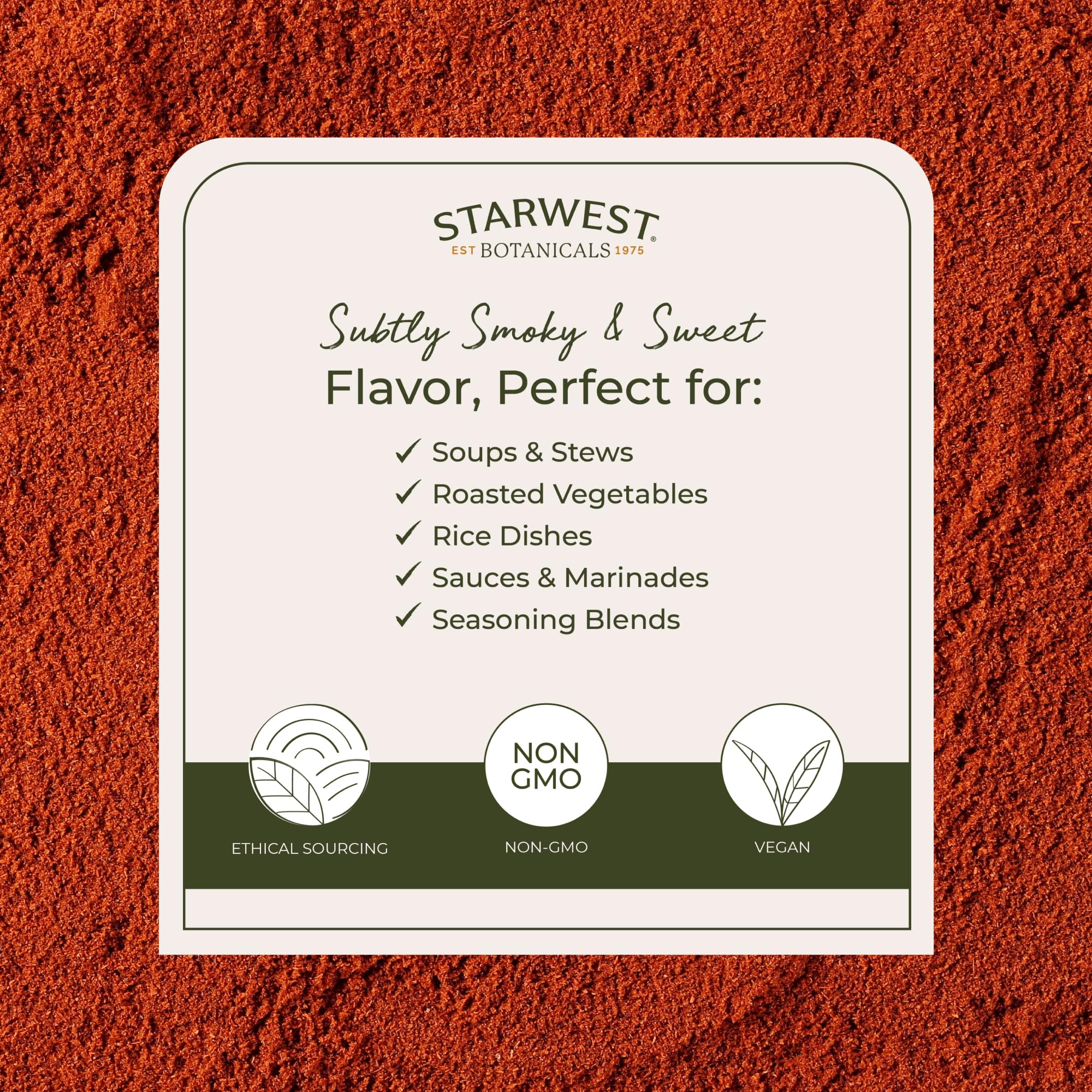 Starwest Botanicals Paprika Powder Organic - Dried Seasoning Spice for Cooking, Use for Chili, Potato Salad, Curry, Sauces, & More, Sweet & Smoky