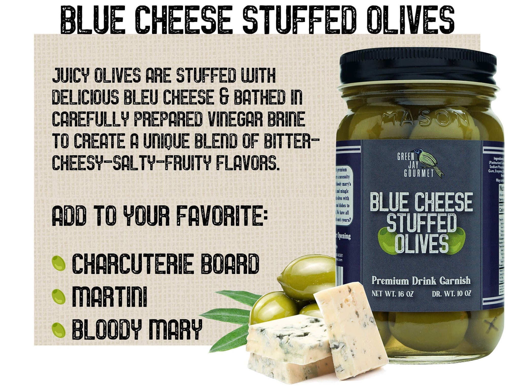 Green Jay Gourmet Blue Cheese Stuffed Olives - Cheese Stuffed Green Olives for Cocktail Garnish & Cheese Board - Dirty Martini Olives - Gourmet Olives