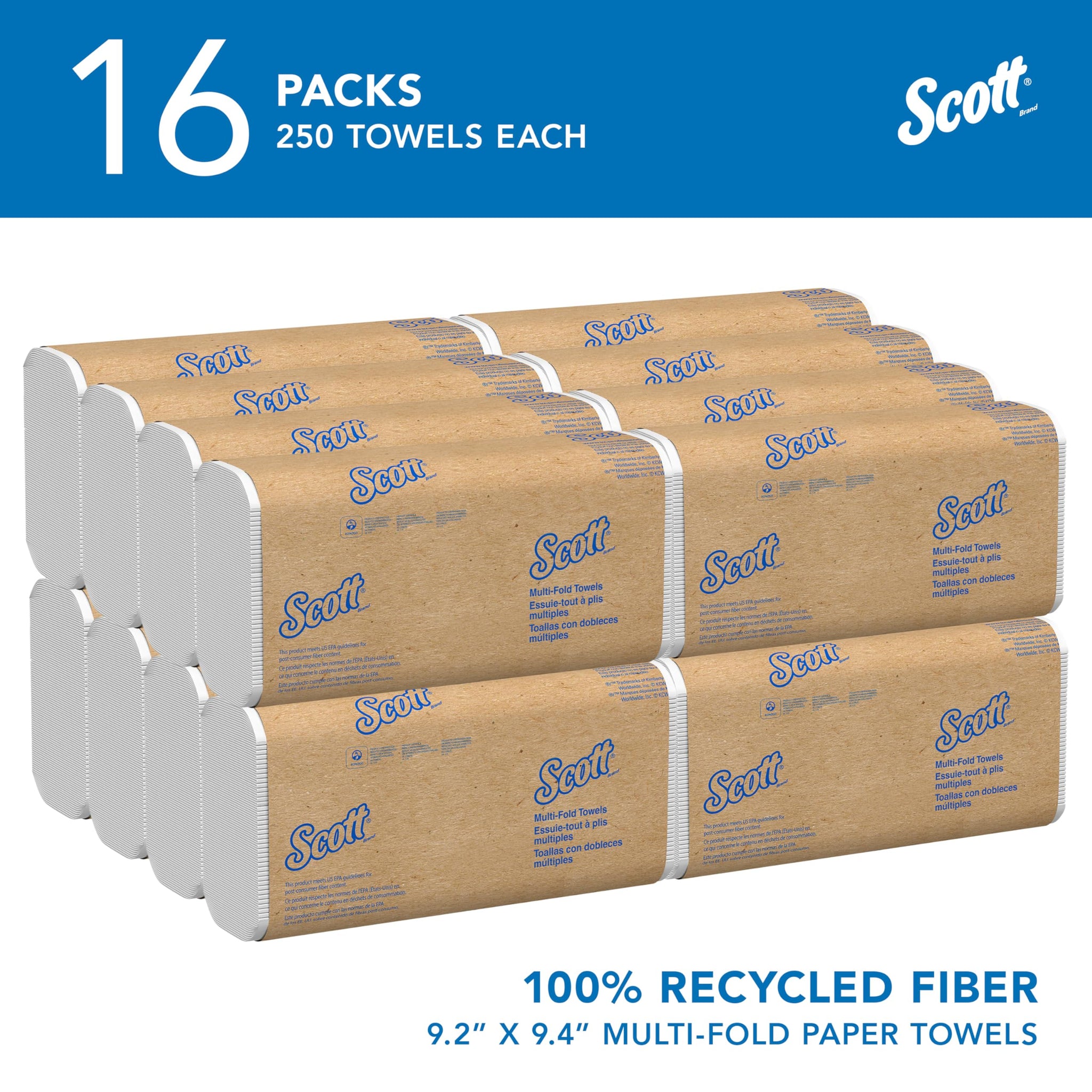 Scott Professional Universal 100% Recycled Fiber Multifold Paper Towels, Bulk (01807), Absorbency Pockets, 9.2"x9.4" Towel, Compressed, Compact (250