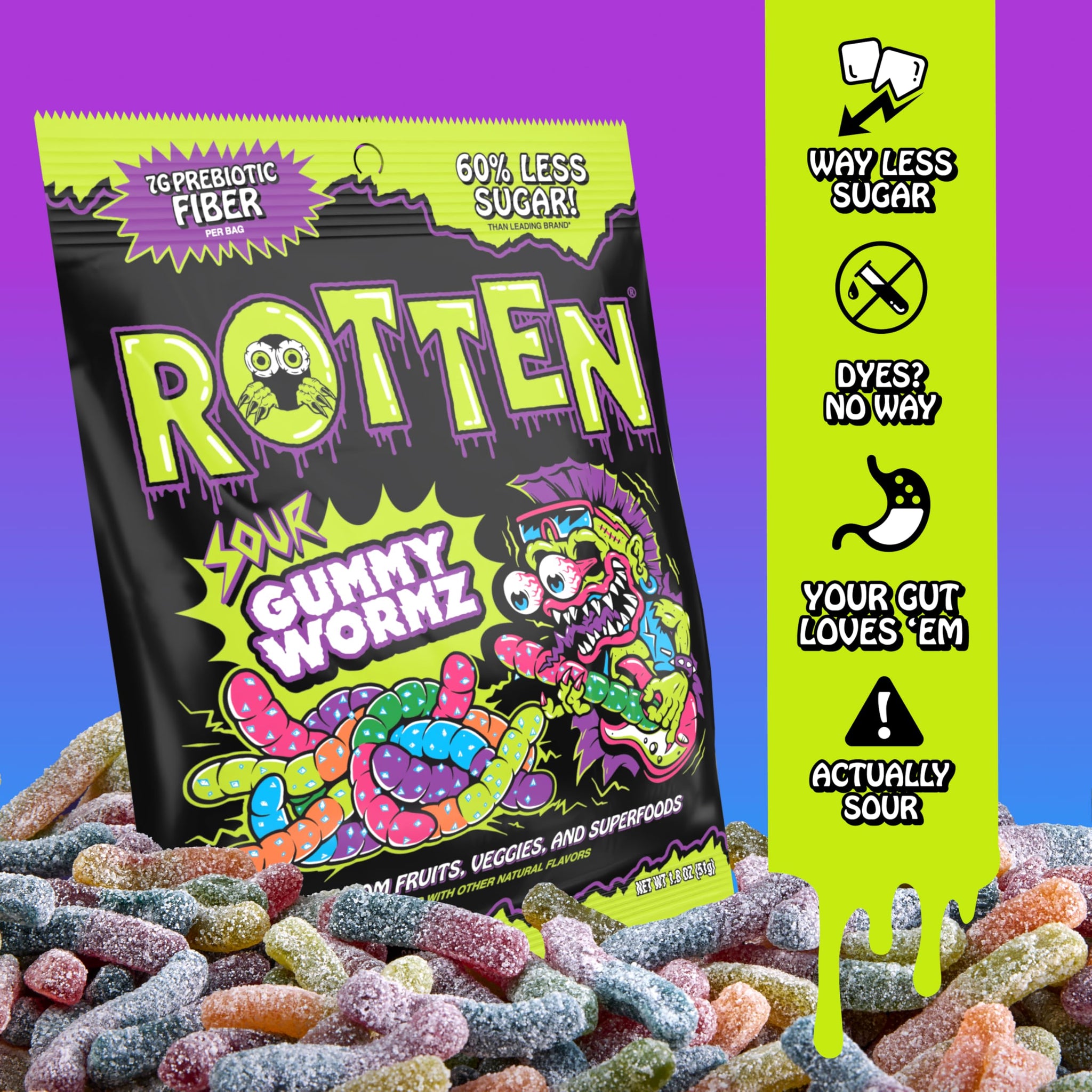Rotten Sour Gummy Worms - Low Sugar, Low Calorie, 7g Gut-Friendly Prebiotic Fiber and 3g Protein, Gluten Free Candy - 1.8 oz - 8-Pack
