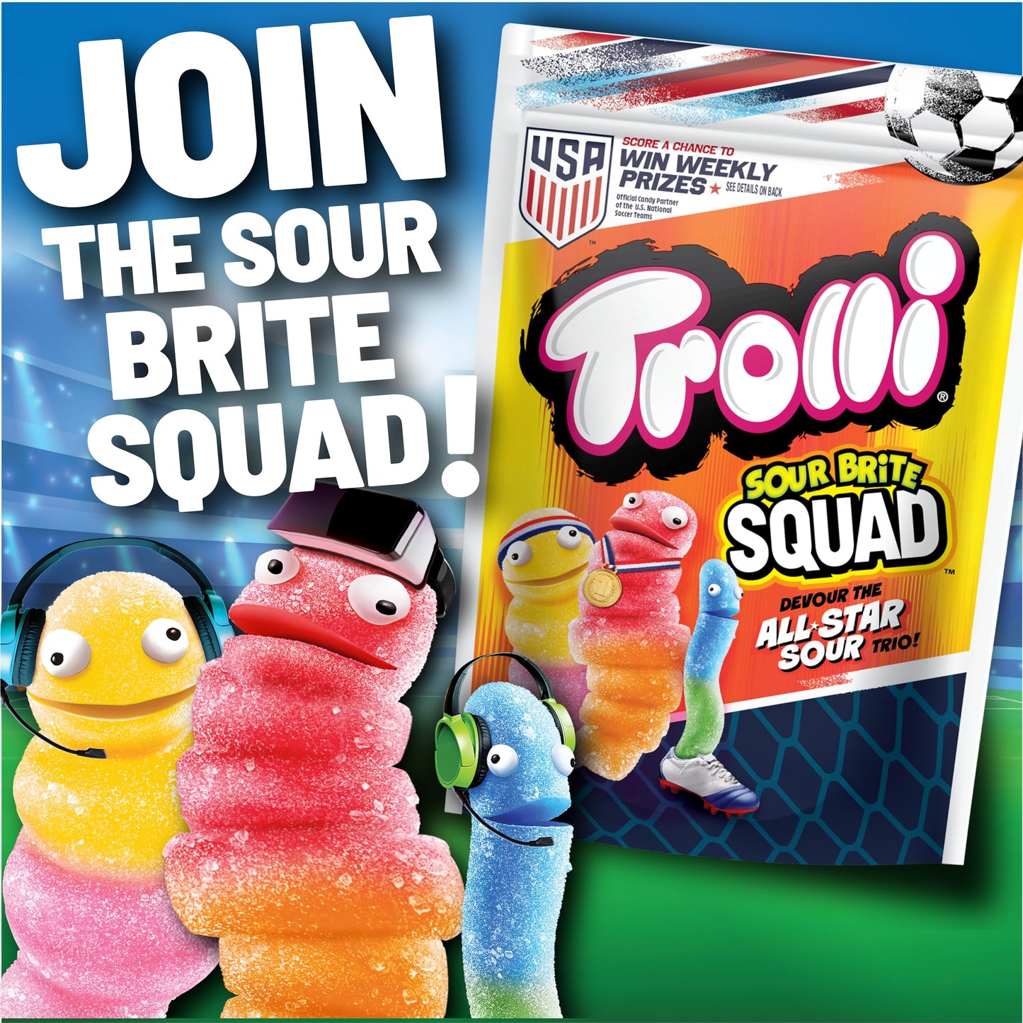 Trolli Sour Brite Squad Gummy Candy, Sour Gummy Worms Summer Candy, Resealable Bag, 12.3 oz
