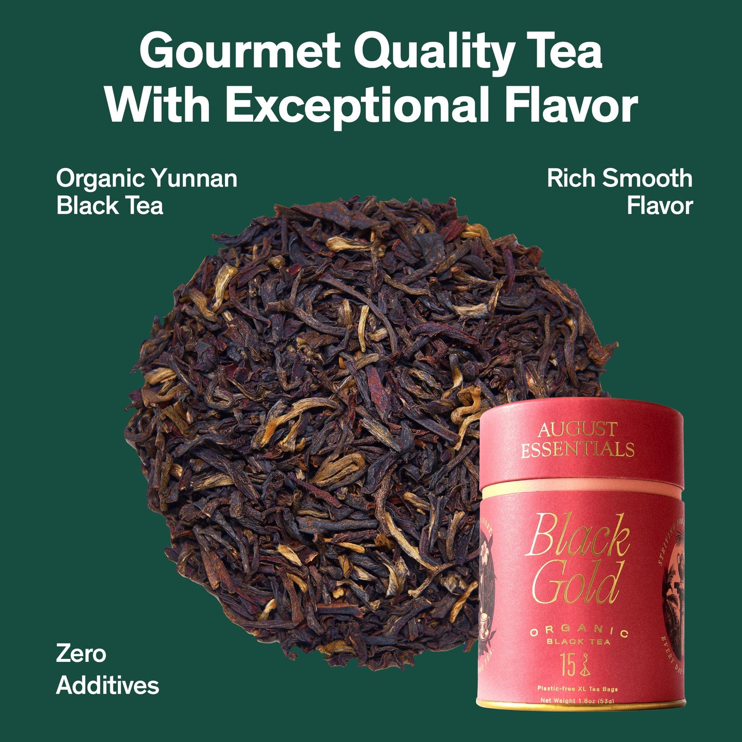 August Essentials Black Gold Tea - Handcrafted Organic Black Tea for Daily Enjoyment - Ideal Morning Drink with Malty, Golden Flavor & Caramel Notes