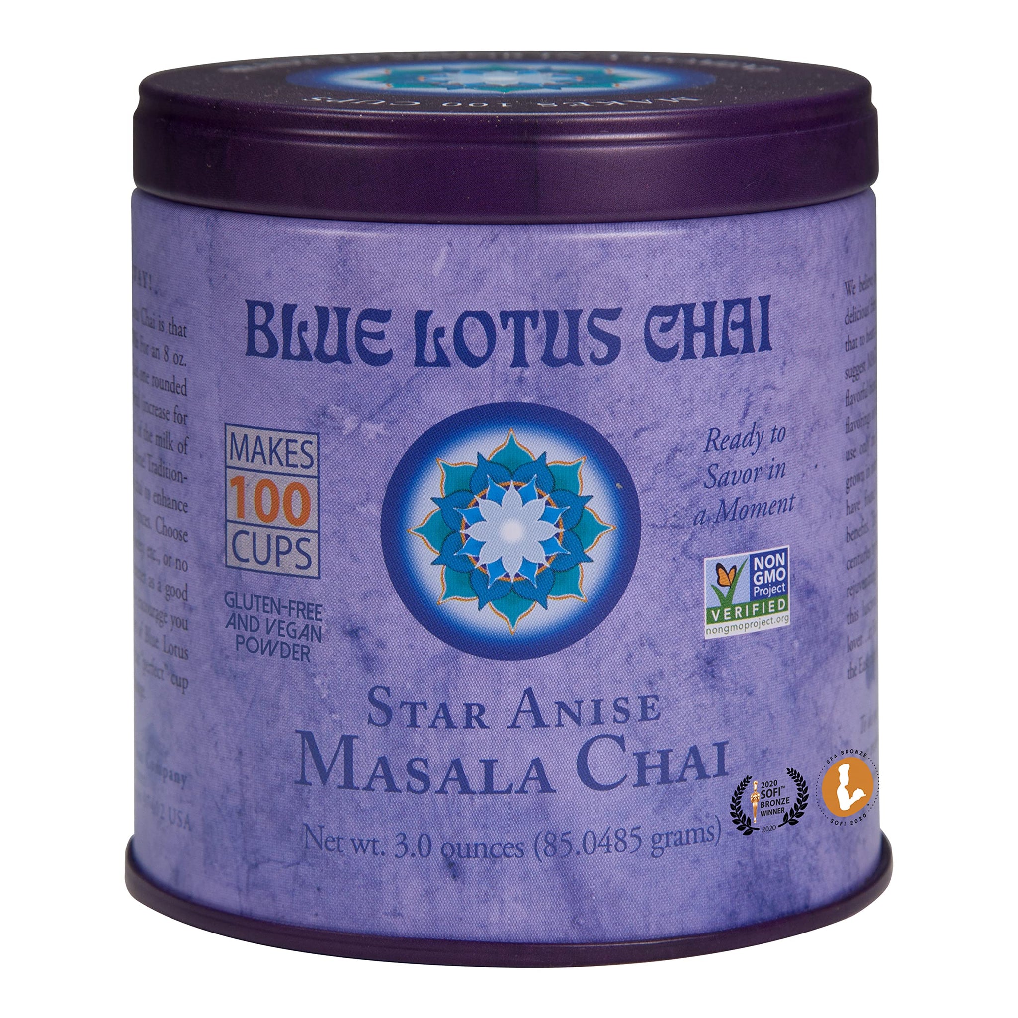 Blue Lotus Chai - Star Anise Masala Chai - Makes 100 Cups - 3 Ounce Masala Spiced Chai Powder with Organic Spices - Instant Indian Tea No Steeping