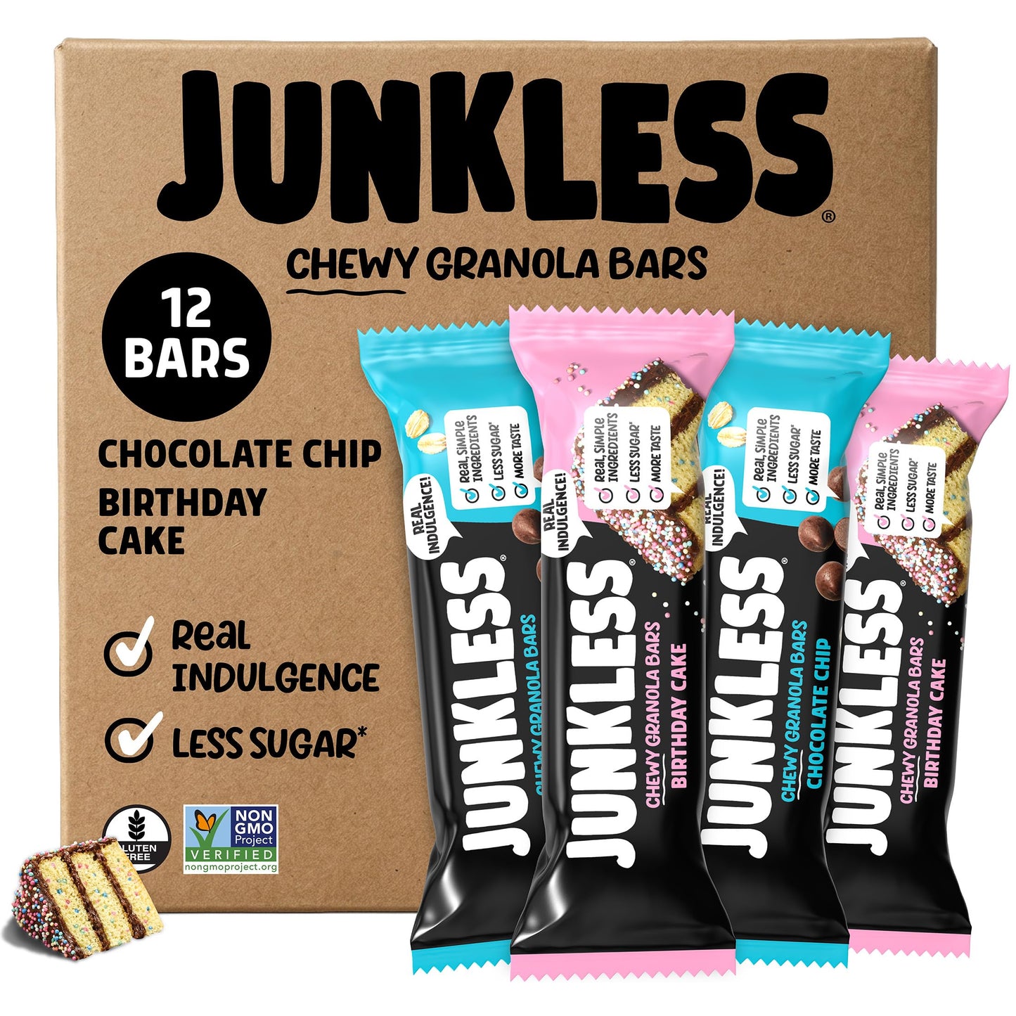 JUNKLESS Chewy Granola Bars Twin Pack - Chocolate Chip & Drizzled Birthday Cake (12 Bars)-Less Sugar, Non-GMO, Gluten-Free, Wholesome Snack Bars