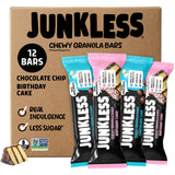 JUNKLESS Chewy Granola Bars Twin Pack - Chocolate Chip & Drizzled Birthday Cake (12 Bars)-Less Sugar, Non-GMO, Gluten-Free, Wholesome Snack Bars