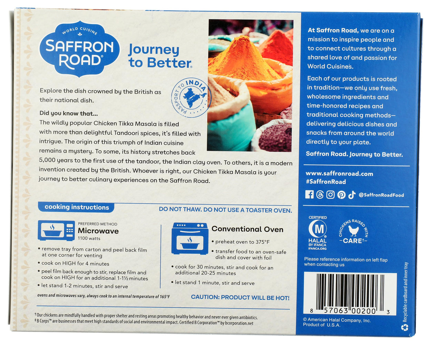 Saffron Road Frozen Chicken Tikka Masala - High Protein, Seed Oil Free, Chickens Raised with No Antibiotics, No Artificial Ingredients, Gluten-Free