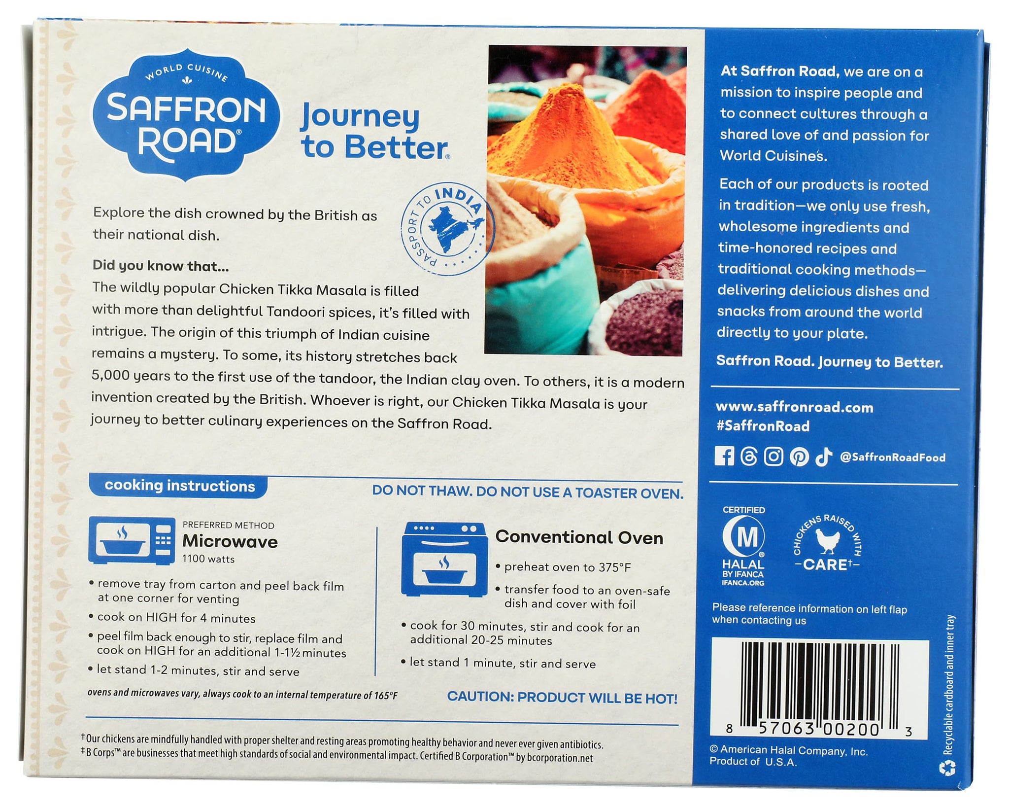 Saffron Road Frozen Chicken Tikka Masala - High Protein, Seed Oil Free, Chickens Raised with No Antibiotics, No Artificial Ingredients, Gluten-Free