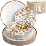 Trendables Fancy Plastic Dinnerware Sets 100 Pc Set 20 Guests Gold Silverware Disposable 20 X 10 Inch Charger Plates 20 X 8 Inch Dessert Plates 20 x