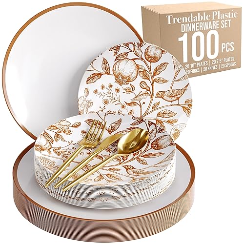 Trendables Fancy Plastic Dinnerware Sets 100 Pc Set 20 Guests Gold Silverware Disposable 20 X 10 Inch Charger Plates 20 X 8 Inch Dessert Plates 20 x