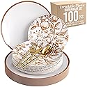Trendables Fancy Plastic Dinnerware Sets 100 Pc Set 20 Guests Gold Silverware Disposable 20 X 10 Inch Charger Plates 20 X 8 Inch Dessert Plates 20 x