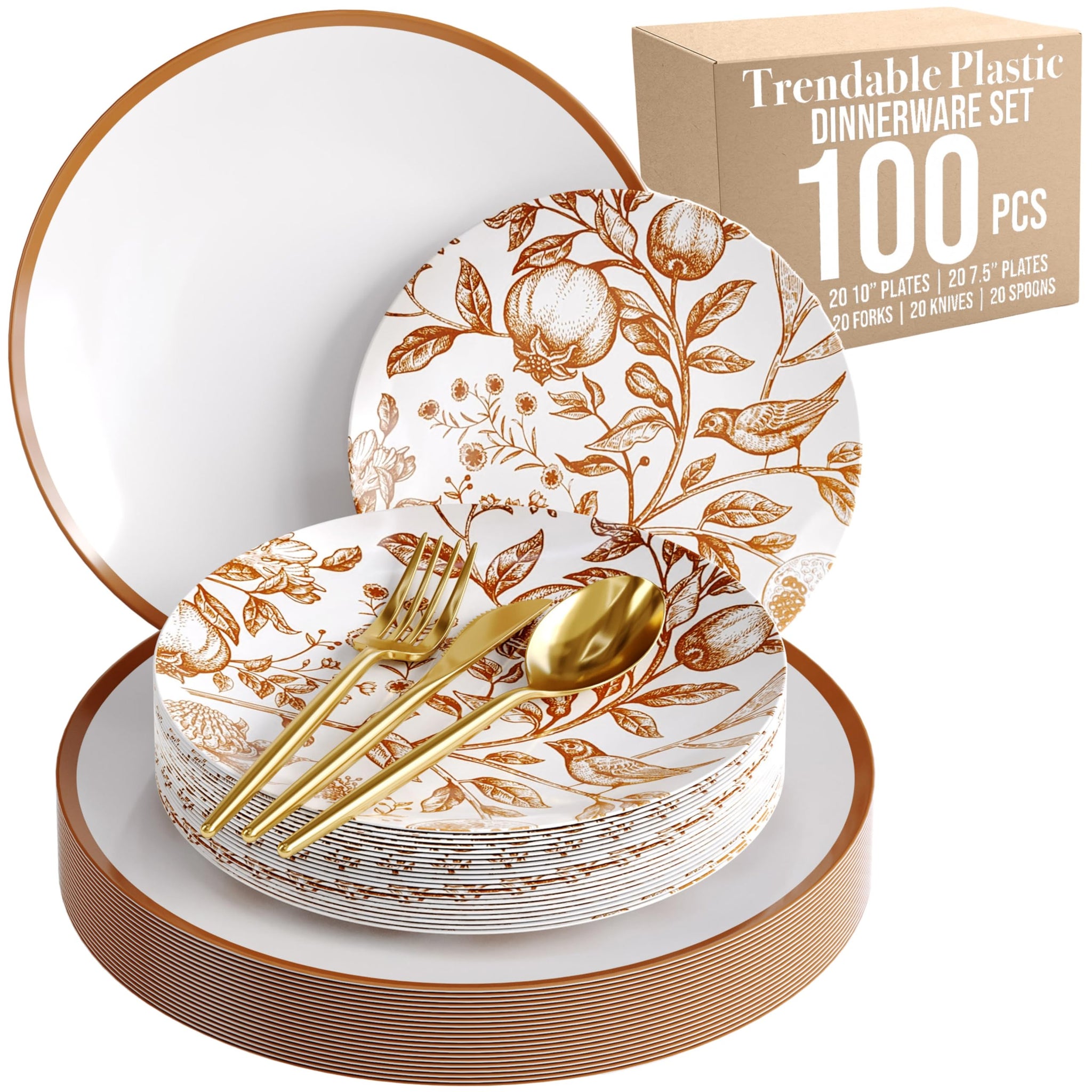 Trendables Fancy Plastic Dinnerware Sets 100 Pc Set 20 Guests Gold Silverware Disposable 20 X 10 Inch Charger Plates 20 X 8 Inch Dessert Plates 20 x