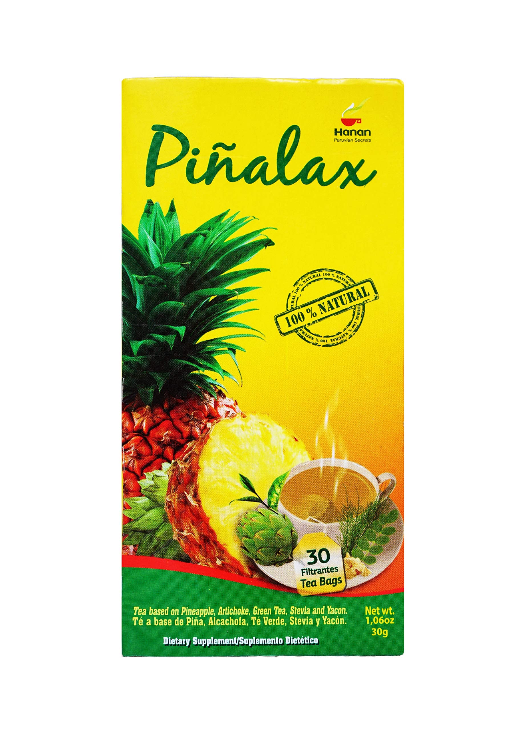 PINALAX Pineapple Piña 100% Natural Blend Detox-Tea promotes digestion | Artichoke, Green Tea, Stevia, Yacon, Senna, Horsetail, and Fennel | 30 Tea