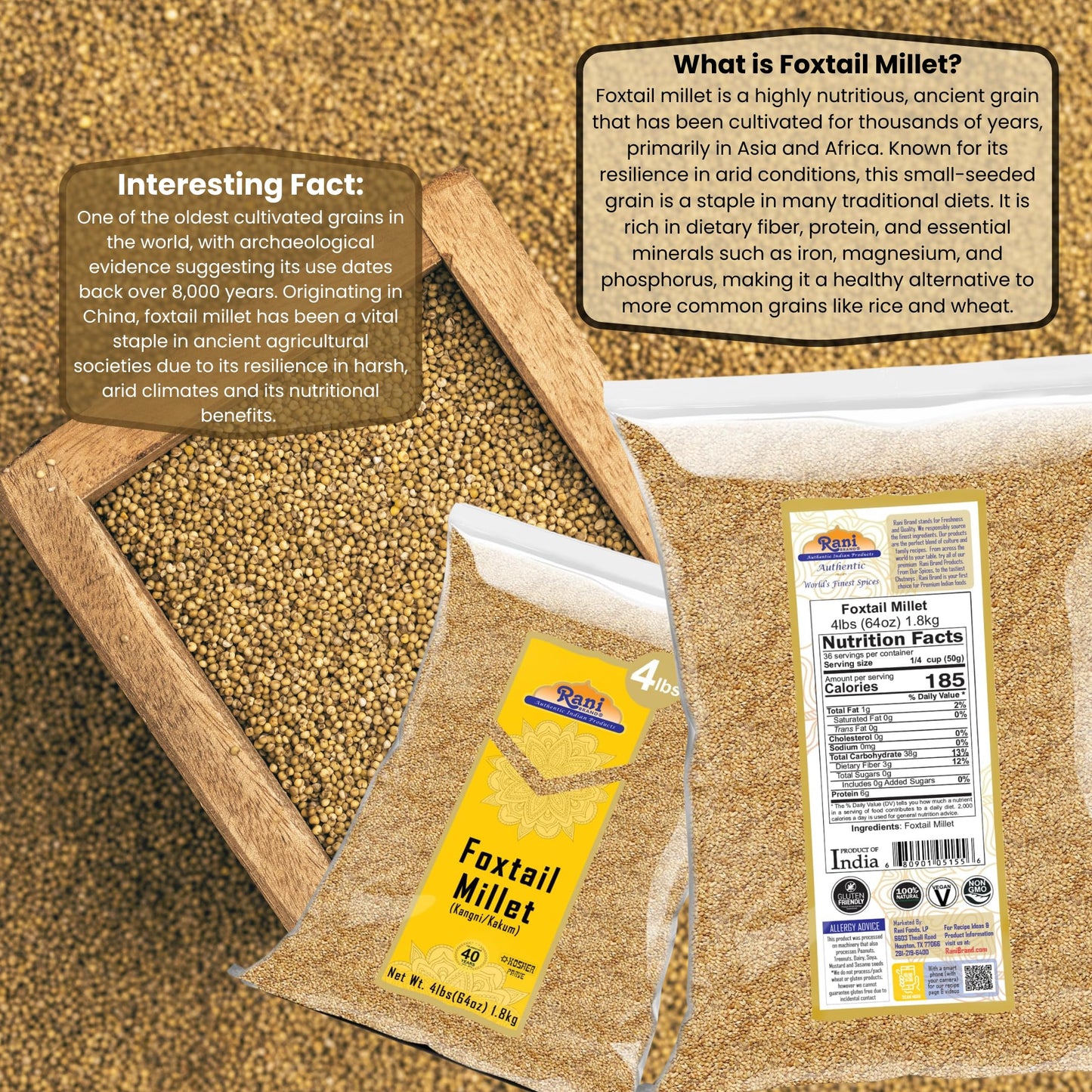 Rani Foxtail Millet Polished (Setaria italica) Ancient Grains 64oz (4lbs) 1.81kg ~ All Natural | Gluten Friendly | NON-GMO | Kosher | Vegan | Indian Origin | Kangi/Kakum/Navane/Tenai
