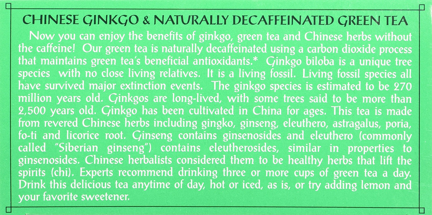 Triple Leaf Tea, Ginkgo & Decaf Green Tea, 20 Tea Bags 1.27 OZ (Pack of 6)