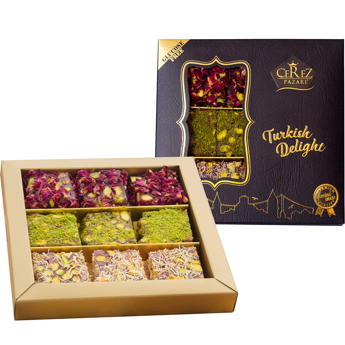 Cerez Pazari Turkish Delight Pistachio with Fantastic Rose & Pomegranate Flavour Experience in Luxury Gift Box 8.8 oz | Assorted Gourmet Soft Candy