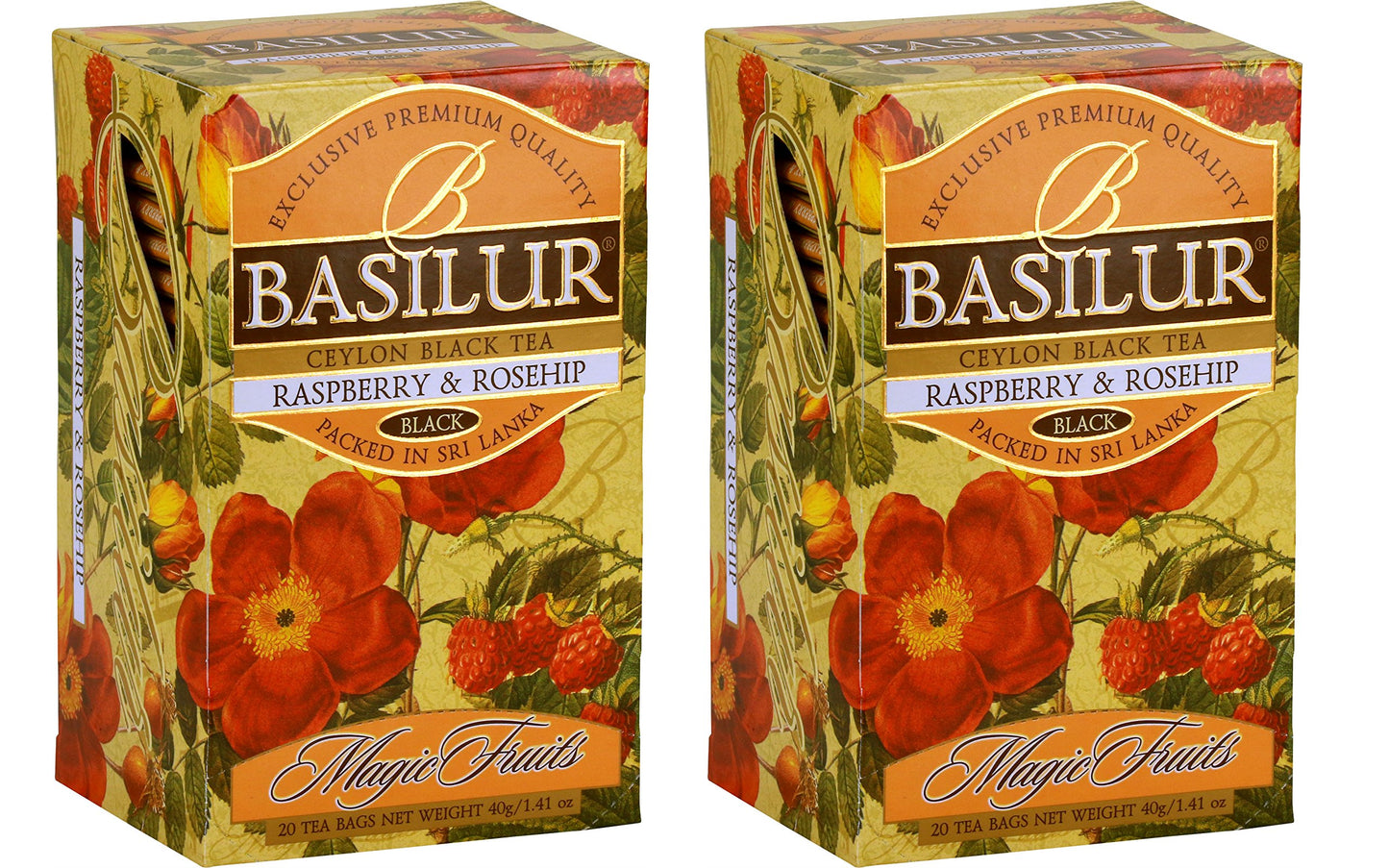 Basilur | Raspberry & Rosehip Tea | Ceylon Black Tea | Magic Fruits Collection | 20 Count Foil Enveloped - Pack of 2
